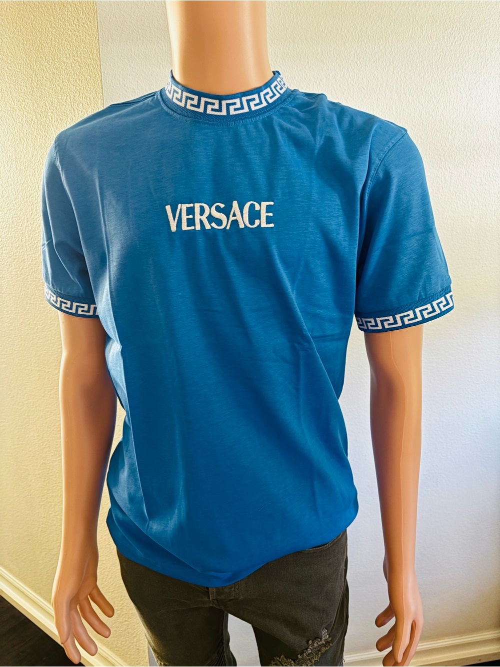 Versace Blue Short-Sleeve T-Shirt with White Logo and Greek Key Trim